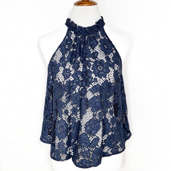 SOLD-Free People Navy Blue Halter High Neck Sleeveless Floral Mesh Crochet Lace - Picture 2 of 12